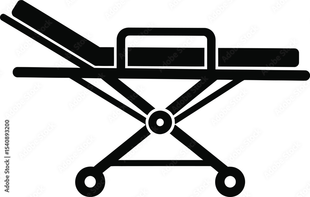 Black and white illustration of a medical stretcher with wheels a symbol of emergency care and medical services for hospitals and ambulances. Black and white illustration of a medical stretcher with wheels a symbol of emergency care and medical services for hospitals and ambulances.