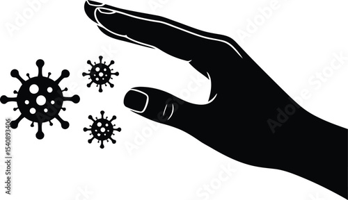 Hand guarding against viral infection illustration featuring coronavirus and protective gesture black and white graphics
