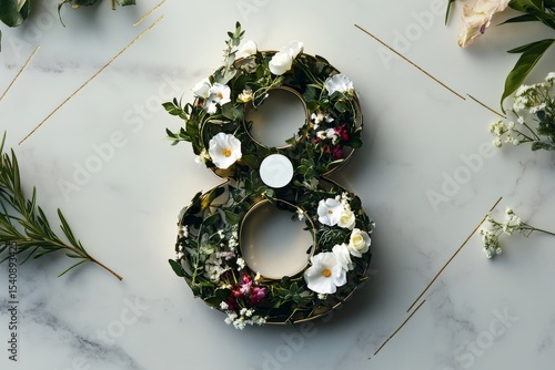 Unique Floral Arrangement, Number Eight, Made of Natural Elements on a Marble...