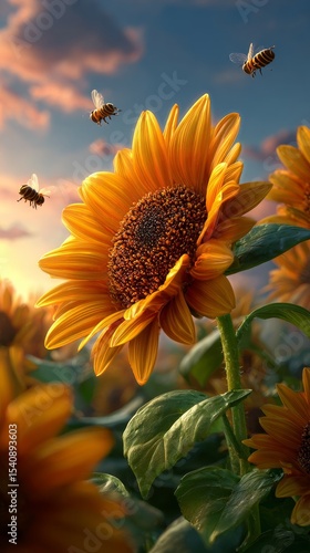 Sunflowers Bloom Under a Colorful Sky During Golden Hour in a Lush Garden Wit...