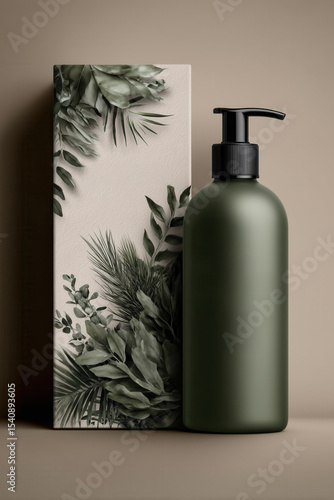 Green shampoo bottle with botanical box on neutral background