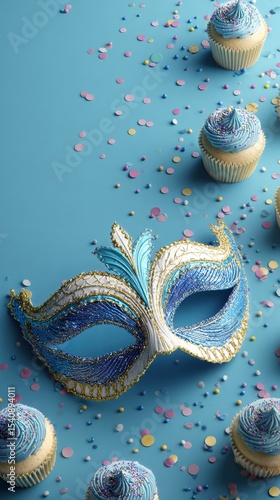 Colorful Cupcakes and Decorative Mask on Festive Table Setting for Celebration.