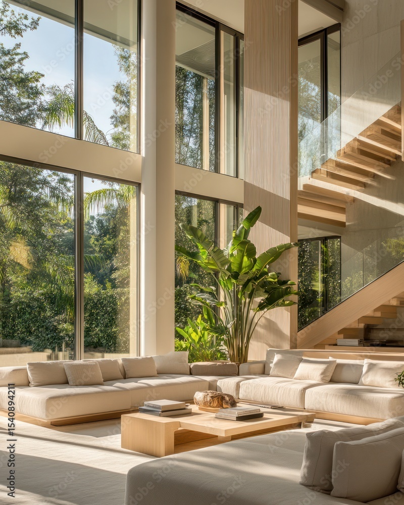 Obraz premium Modern light-filled living room with large windows