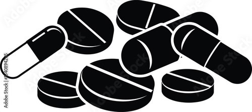Black and white medication pills and capsules illustration representing medicine treatment healthcare and pharmacy