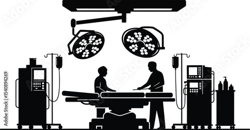 Silhouette illustration depicting a surgical operation scene in a modern operating room