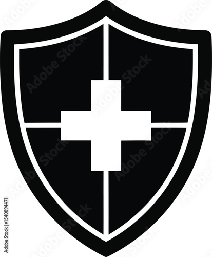 Black and white medical shield symbol with cross representing healthcare and safety design element