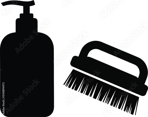 Vector illustration of a soap dispenser and a cleaning brush perfect for hygiene cleaning home care household chores sanitation or domestic activities