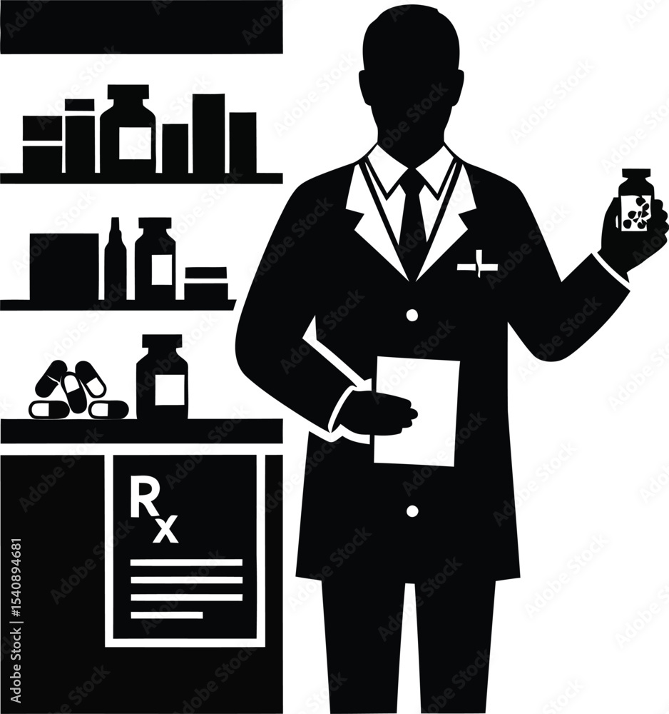 Fototapeta premium Professional silhouette of a pharmacist dispensing medication from a pharmacy with prescription sign and medicine bottles