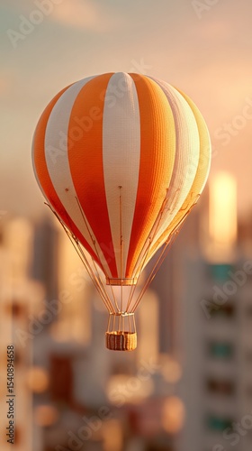 Colorful Hot Air Balloon Floating Above a City at Sunset Capturing Serene Mom...