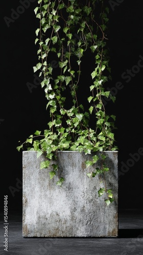 Indoor Ivy Plant Cascading From a Concrete Planter on a Dark Background