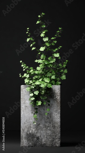 Indoor Ivy Plant Cascading From a Concrete Planter on a Dark Background.