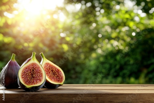 Freshly Sliced Figs on Wooden Table With Sunlight and Greenery in the Background