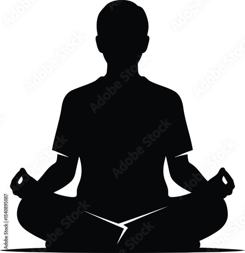 Silhouette of a person in meditation lotus position with fingers in gyan mudra on isolated white background
