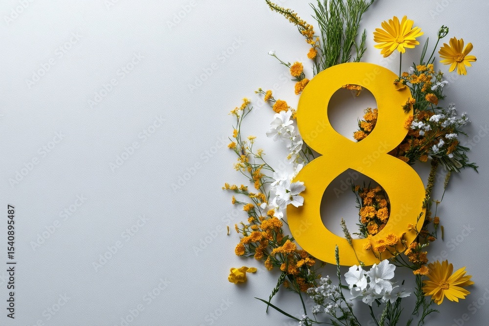 Obraz premium Bright Yellow Number Eight Surrounded by Colorful Flowers for Celebration