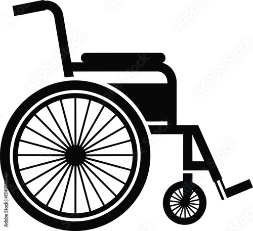 Black and white illustration of a wheelchair emphasizing mobility and accessibility symbol for medical and healthcare related content.