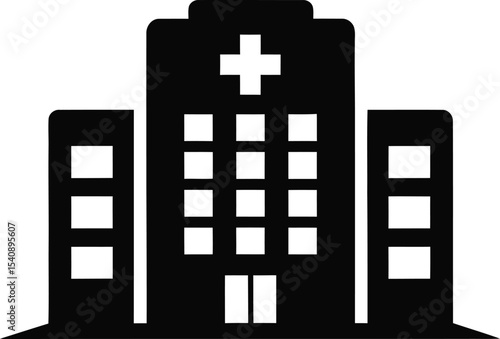 Black and white icon of a hospital building depicting medical care and healthcare symbolism suitable for health insurance and treatment
