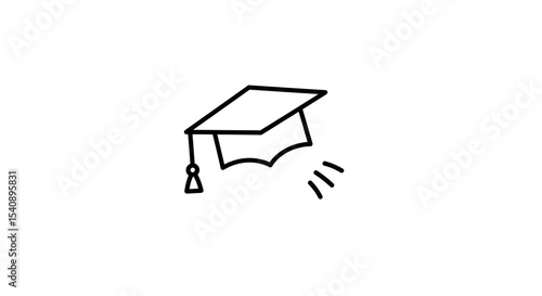 A simple black and white line drawing of a graduation cap with a tassel and motion lines around it
