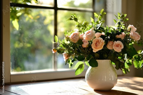 Blooming Roses in Bright Sunlight by a Window in a Serene Garden Setting.