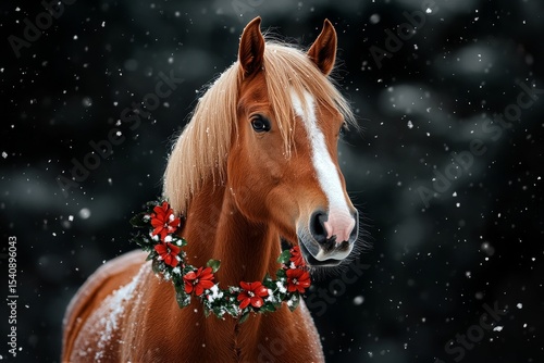 Beautiful Horse With a Festive Wreath in a Snowy Forest During Wintertime.