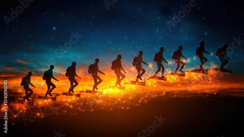 Silhouette figures ascending a stairway against a starry night sky.  Silhouette figures with backpacks are ascending an upward staircase, which is illuminated by warm light effects, as if glowing. 