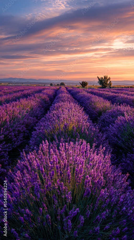 Fototapeta premium Lavender Fields in Full Bloom During Sunset Create Stunning Colorful Landscape