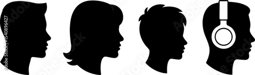 Silhouettes Male Female Child Head Profile with Headphones