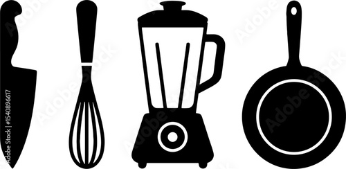 Kitchen Utensil Silhouettes Knife Whisk Blender Frying Pan