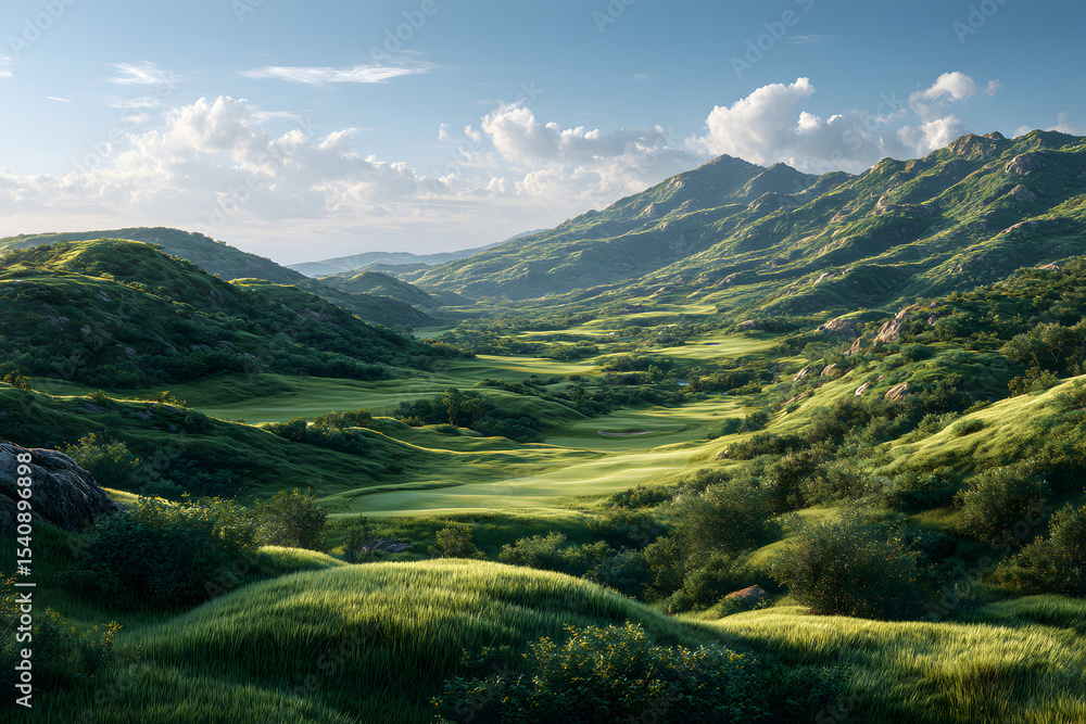 Fototapeta premium Lush green golf course landscape on a sunny day with clear blue skies and verdant rolling hills