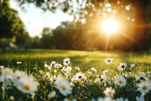 Bright Sun Shining Over Daisies in a Peaceful Park During Golden Hour