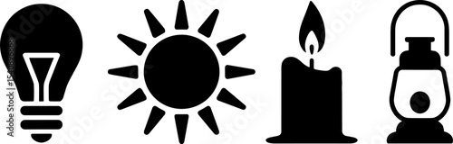 Light Sources Set Bulb Sun Candle Lantern