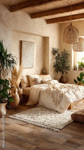Modern Rustic Bedroom With Natural Decor in a Sunlit Space.