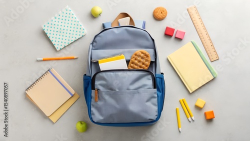 Scene with child’s open backpack and its contents spilled out on floor: notebooks, snacks, ruler and sticky notes
