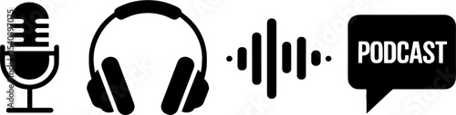 Podcast Microphone Headphones Sound Waves Speech Bubbles