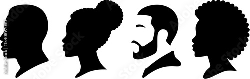 Black African American Male Female Profile Silhouettes Set