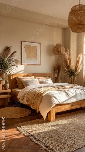 Cozy Bedroom With Natural Decor and Warm Lighting in a Modern Setting