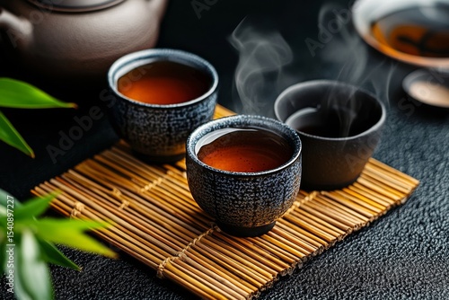 Warm Tea Served in Clay Cups on a Bamboo Mat With Green Leaves.
