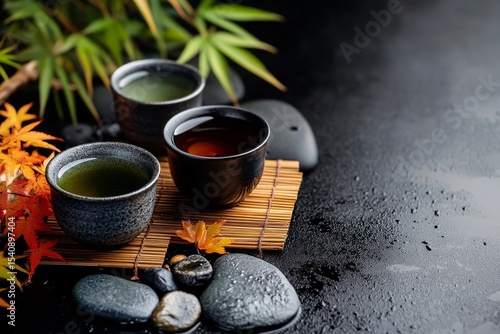 Warm Cups of Tea on a Bamboo Mat With Teapot and Green Leaves in a Serene Set...