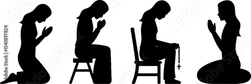 Silhouette Praying Woman Kneeling Sitting and Meditating with Rosary
