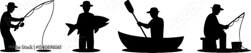 Fishing silhouettes set man catching fish rowing boat and sitting fishing