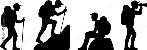 Hiker Silhouettes Climbing Resting Observing Outdoor Adventure
