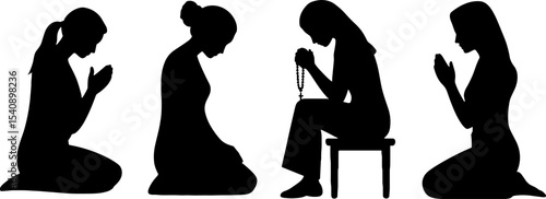 Praying Women Silhouettes Kneeling Sitting Spiritual Faith Concept