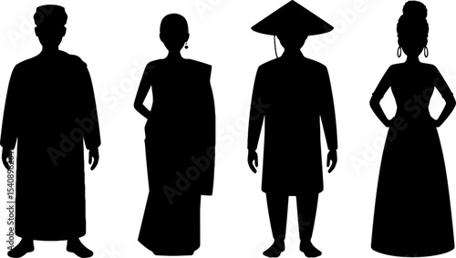 Silhouettes Traditional Asian Clothing Male Female Figures