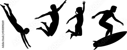 Silhouette People Jumping Diving Surfing Summer Fun Activity