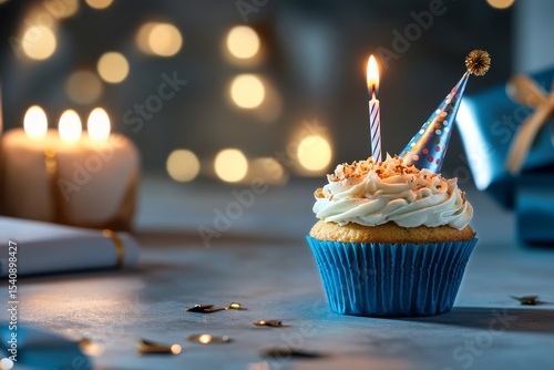 Delicious Birthday Cupcake With Candle and Festive Decorations on Table