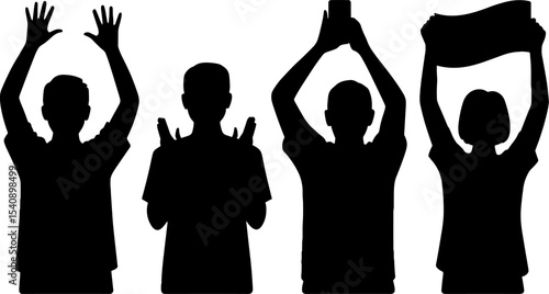 Silhouettes People Holding Hands Up Cheering Protest Banner