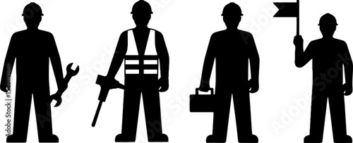 Construction Worker Silhouettes Holding Tools Gear And Flag