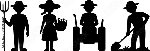 Farmers Silhouettes Agricultural Work Farming Equipment Tools
