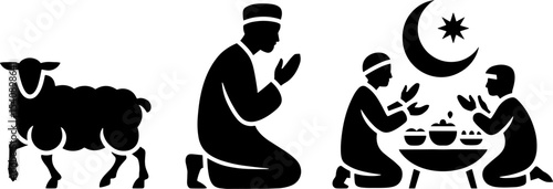 Muslim Family Praying Eid Sacrifice Sheep Crescent Star