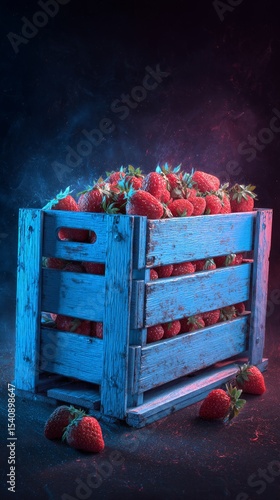 Fresh Strawberries in a Wooden Crate With Vibrant Lighting and Colorful Backg...