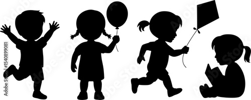 Happy Children Playing Balloon Kite Reading Silhouettes